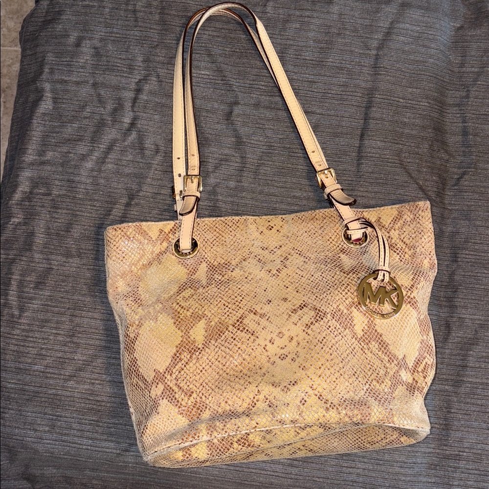 MICHAEL KORS Jet Set Snakeskin Embossed Leather Tote Gold Hardware